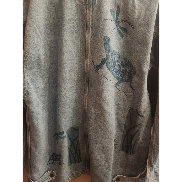 Vintage Adobe Designs Denim Jean Jacket Artsy Turtle Fish Rust Collared Size M - Picture 10 of 10